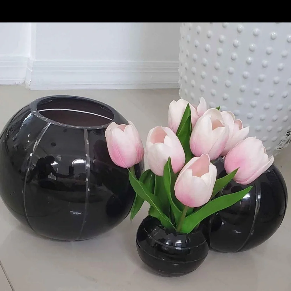 Elegant Vintage Set of 3 Black Ball Vase
